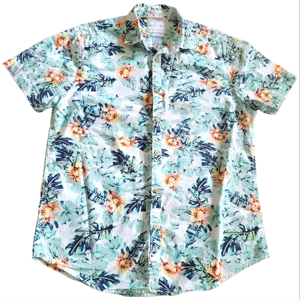 Denim and Flower Ricky Singh Slim Fit Button Down Blue Hawaiian Print Shirt M